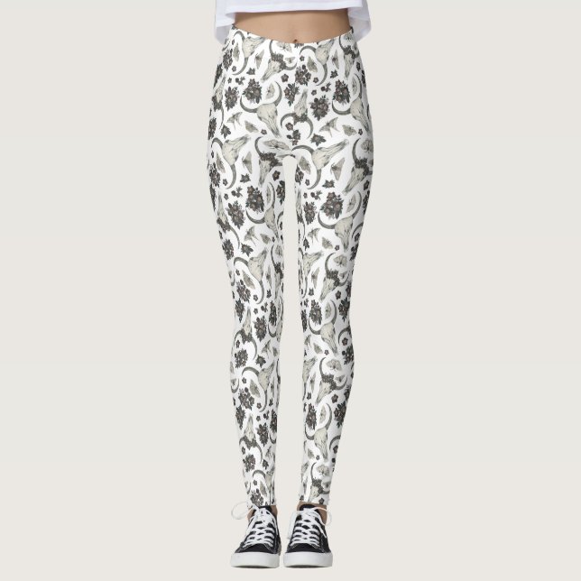 Gothic Animal Skull With Flowers Pattern Leggings (Front)