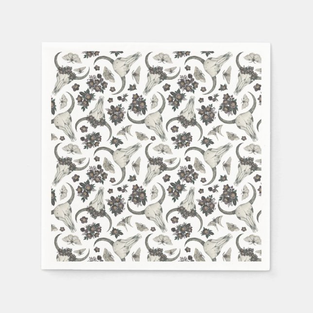 Gothic Animal Skull With Flowers Pattern Napkin (Front)