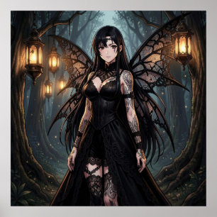Gothic Anime Fairy Girl in Enchanted Forest Poster