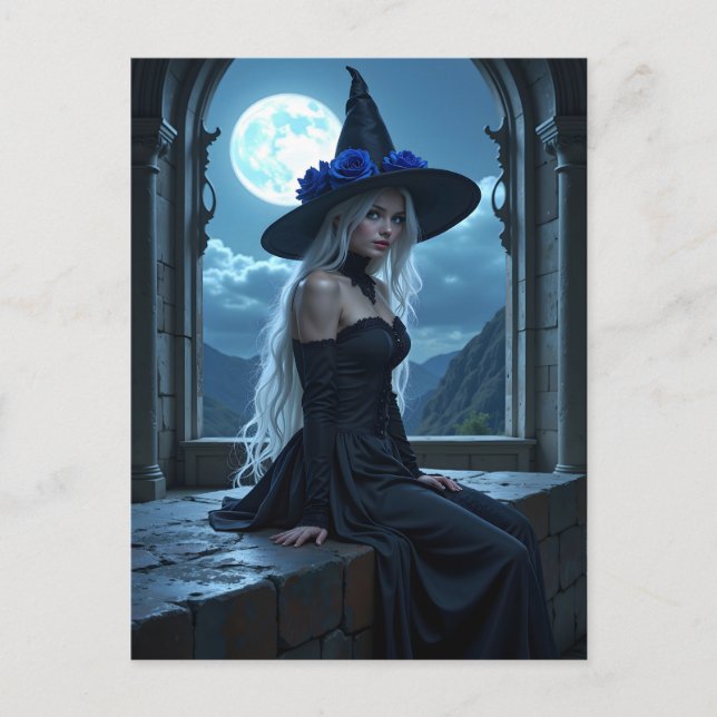 Gothic Anime Witch Blue Rose Moonlit Halloween Holiday Postcard (Front)