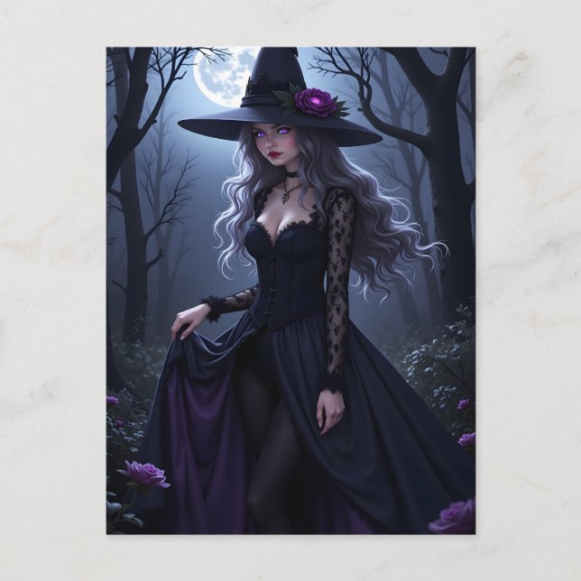 Gothic Anime Witch Purple Rose Moonlit Halloween Holiday Postcard (Front)