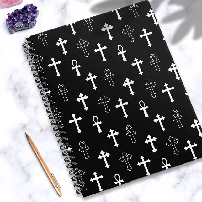 Gothic Ankh Cross Black White Symbol Pattern Notebook (black notebook with gothic pattern of crosses and ankhs)