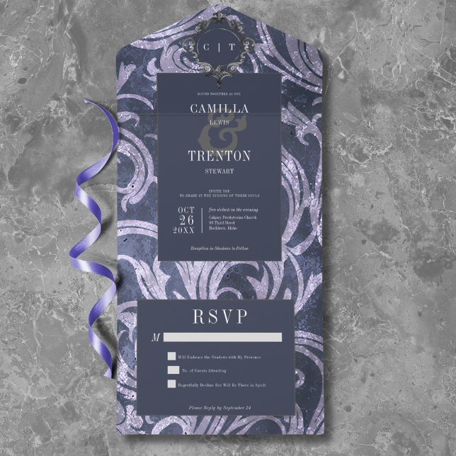 Gothic Antique Purple Damask No Dinner Wedding All In One Invitation (Gothic Antique Purple Damask No Dinner Wedding All In One Invitation)