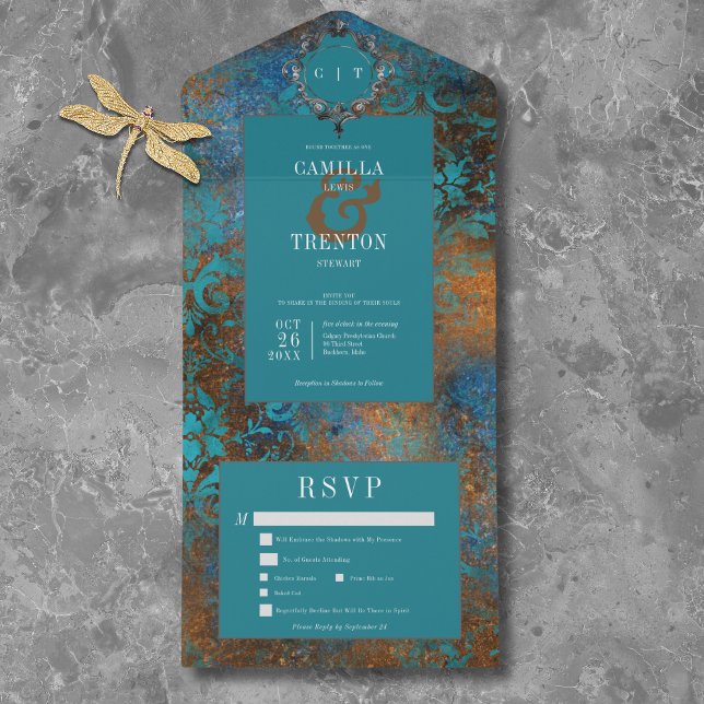Gothic Antique Teal Gold Damask Dinner Wedding All In One Invitation (Gothic Antique Teal Gold Damask Dinner Wedding All In One Invitation)