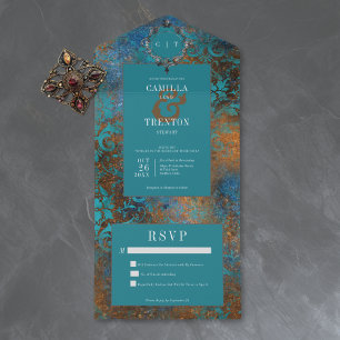 Gothic Antique Teal Gold Damask No Dinner Wedding All In One Invitation