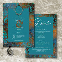 Gothic Antique Teal Gold Damask Two Sided Wedding