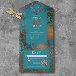 Gothic Antique Teal Gold Damask Wedding QR Code All In One Invitation<br><div class="desc">AVAILABLE WITH OR WITHOUT A QR CODE OR DINNER SELECTION OPTIONS. Step into the realm of dark romance with our captivating gothic wedding invitation, where vintage elegance meets bewitching allure. The antique gold, rust, teal, turquoise and brown damask background sets a mesmerising tone, enveloping you in a world of mysterious...</div>