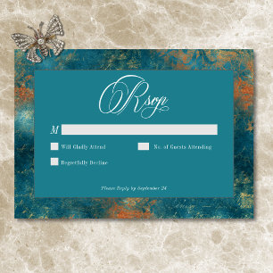 Gothic Antique Teal Gold Damask Wedding RSVP Card