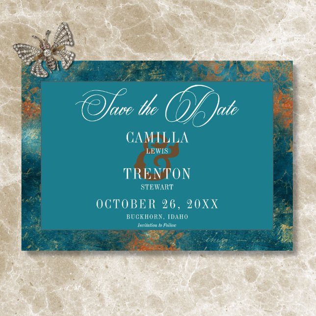 Gothic Antique Teal Gold Damask Wedding Save The Date (Gothic Antique Teal Gold Damask Wedding Save The Date)