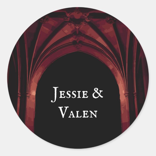 Gothic Arch Elegant Wedding Dark Black Red Classic Round Sticker (Front)