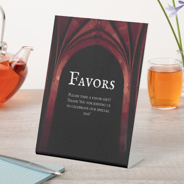 Gothic Arch Elegant Wedding Dark Black Red Pedestal Sign (In SItu)