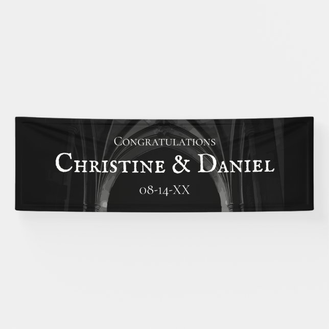 Gothic Arch Elegant Wedding Dark Black & White Banner (Horizontal)