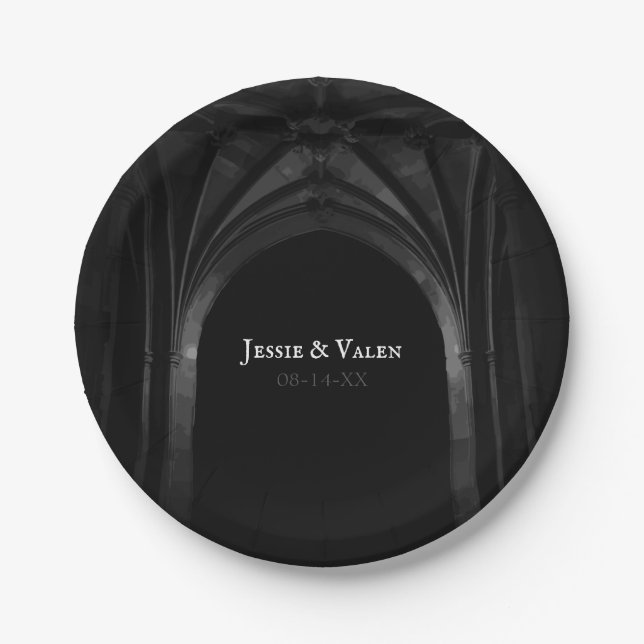 Gothic Arch Elegant Wedding Dark Black & White Paper Plate (Front)