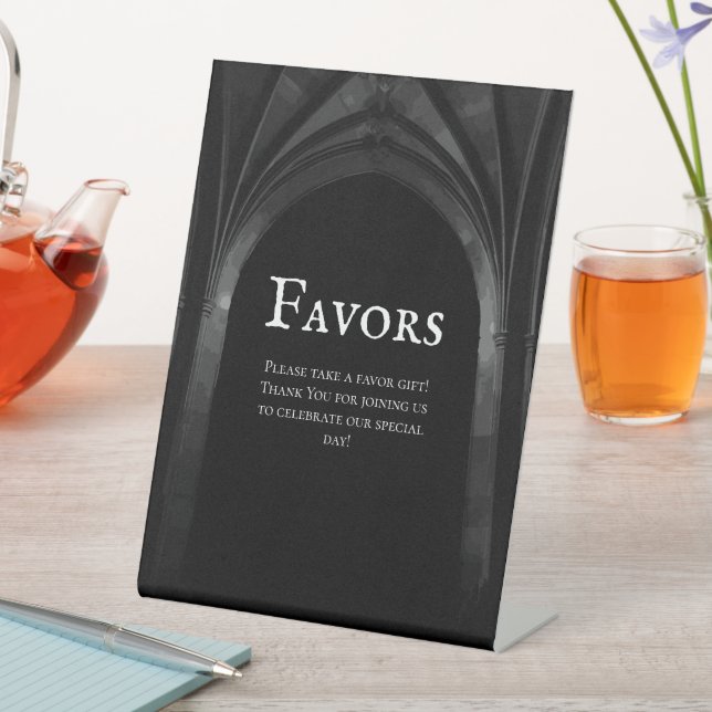 Gothic Arch Elegant Wedding Dark Black & White Pedestal Sign (In SItu)