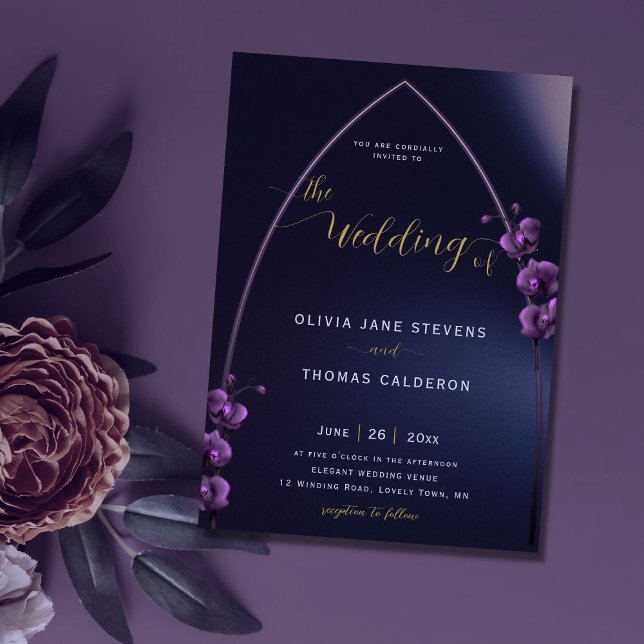 Gothic Arch Moody Purple Orchids Floral Wedding Invitation (Creator Uploaded)