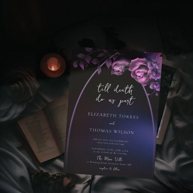 Gothic Arch Moody Purple Romantic Floral Wedding Invitation (moody romantic dark purple gothic till death do us part wedding invitation roses floral modern goth)