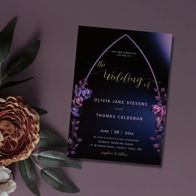 Gothic Arch Moody Purple Roses Chic Floral Wedding Invitation (Creator Uploaded)