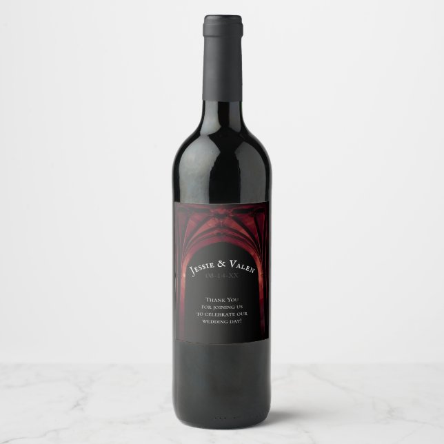 Gothic Arch Wedding Dark Red Wine Label (Front)