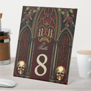 Gothic Archway with Skulls.  Pedestal Sign