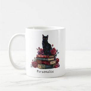 Gothic Art Black Cat Antique Books Crimson Roses Coffee Mug