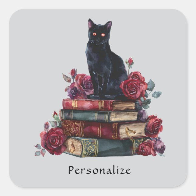 Gothic Art Black Cat Antique Books Crimson Roses Square Sticker (Front)