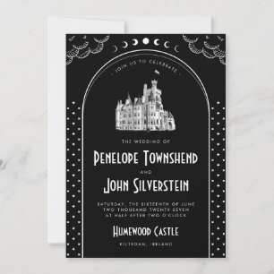 Gothic Art Deco Black White Castle Wedding Invitation