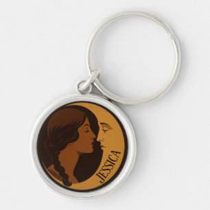 Gothic Art Deco Girl and Crescent Moon editable Key Ring