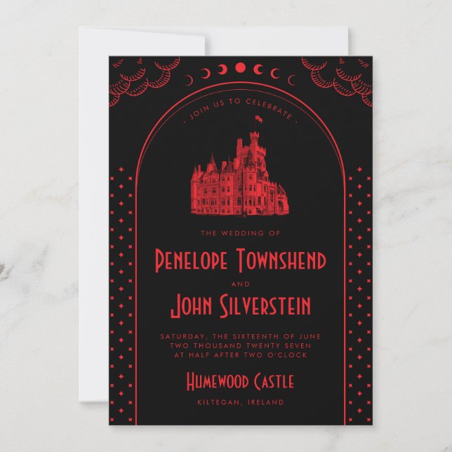 Gothic Art Deco Red Black Castle Wedding Invitation (Front)