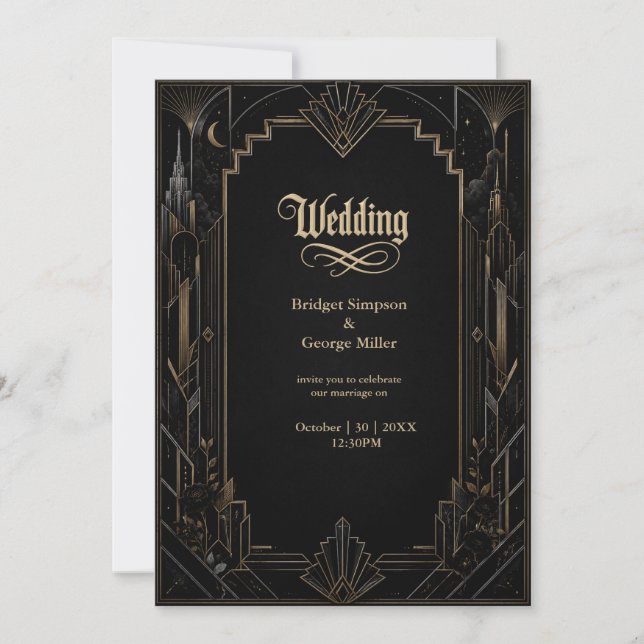Gothic Art Deco Skyline Rose Wedding  Invitation (Front)