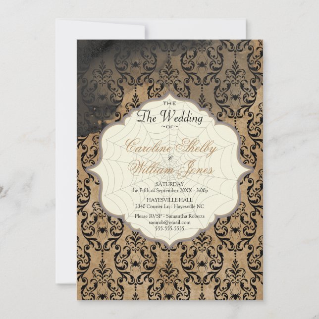 Gothic Autumn Gold Spider Web Wedding Invitation (Front)