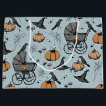 Gothic Baby Carriage Halloween Blue Large Gift Bag<br><div class="desc">This artsy yet elegant large Halloween gift bag features hand-drawn illustrations in black ink by Nathalie Portet. Against a beautiful French blue background, images of Victorian baby carriages, witch hats, black crows, pumpkins, spiderwebs, bubbling cauldrons and tiny speckled mushrooms adorn this gift bag. Ideal for Halloween Baby Showers, 1st Halloween,...</div>