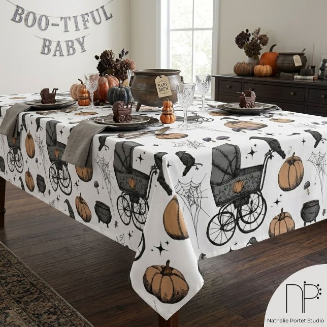 Gothic Baby Carriage Halloween Tablecloth (Hand drawn gothic Halloween baby carriage tablecloth with a whimsical spooky ink art theme)