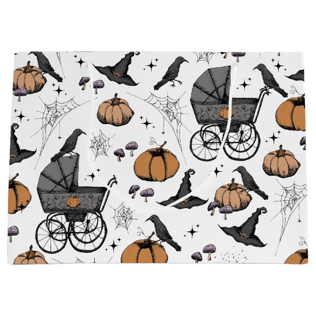 Gothic Baby Carriage Halloween White Large Gift Bag (Front)