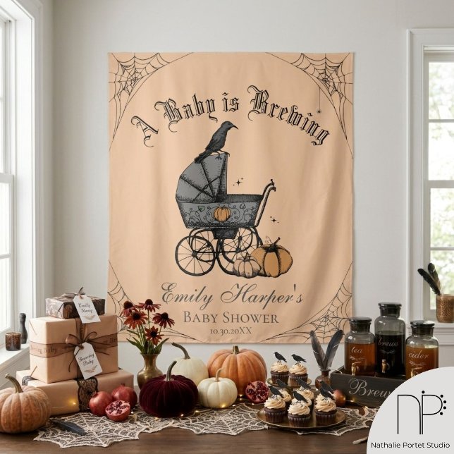 Gothic Baby is Brewing Shower Backdrop Tapestry (Hand drawn gothic Halloween baby shower backdrop ink art with a chic noir theme)
