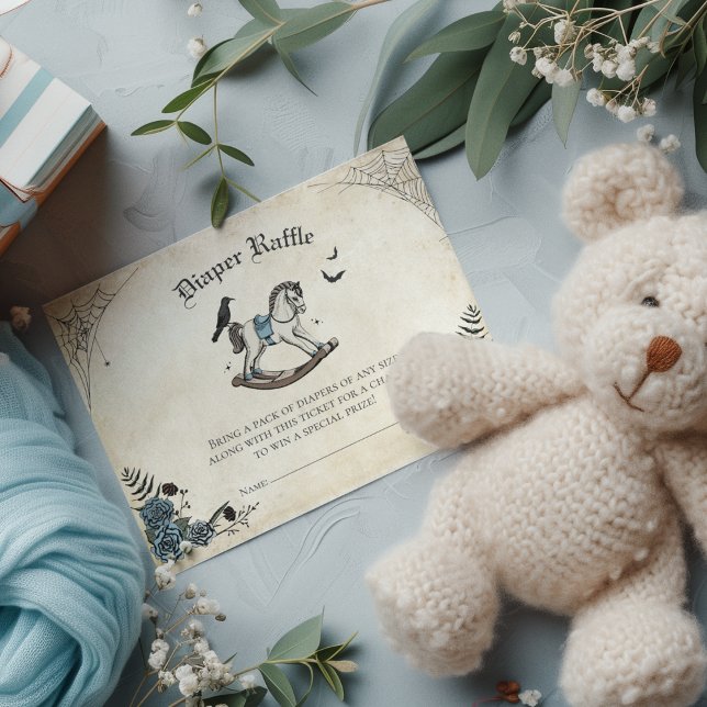Gothic Baby Shower Diaper Raffle Enclosure Card (Gothic Baby Shower Diaper Raffle Card. Spooky Vintage Rocking Horse, Raven, Spiderwebs & Blue Roses)
