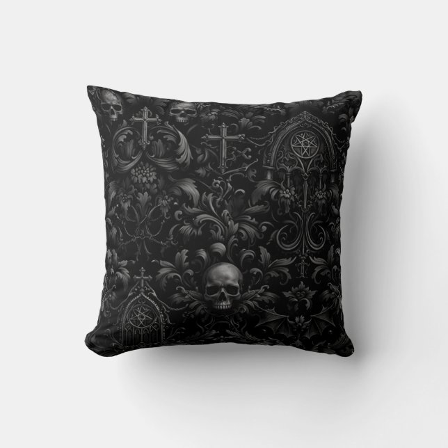 Gothic Baroque Skull Pattern in Black Cushion (Front)