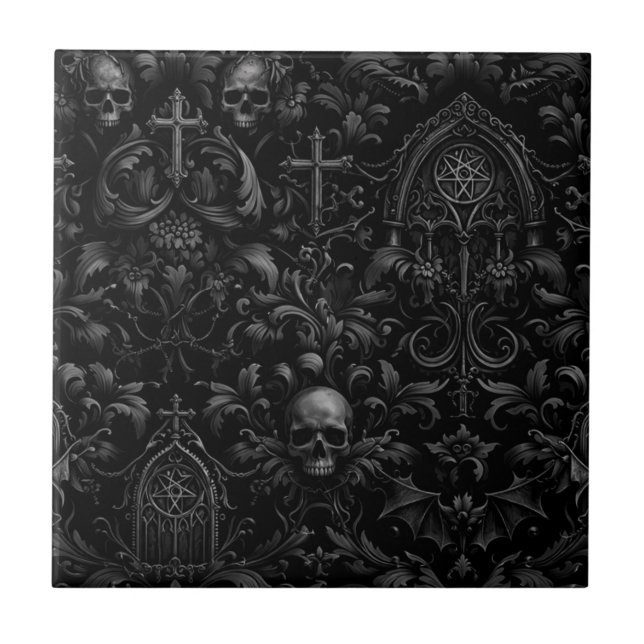 Gothic Baroque Skull Pattern in Black Tile (Front)