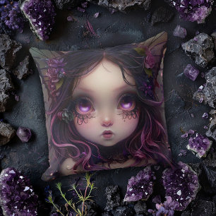 Gothic Bat Girl in Purple Cushion