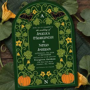 Gothic Bat Pumpkin Floral Autumn Wedding Arch Invitation