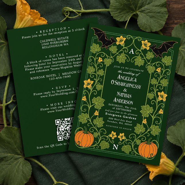 Gothic Bat Pumpkin Floral Autumn Wedding QR Code Invitation (Creator Uploaded)