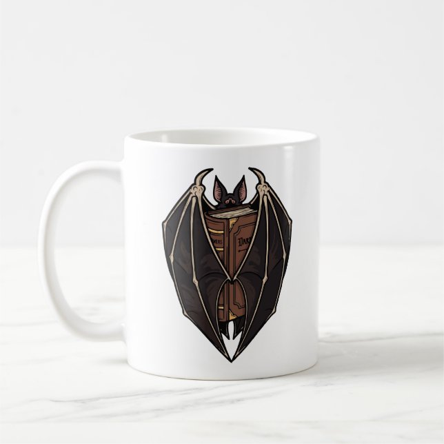 Gothic Bat Reading Dark Spell Book Coffee Mug (Left)