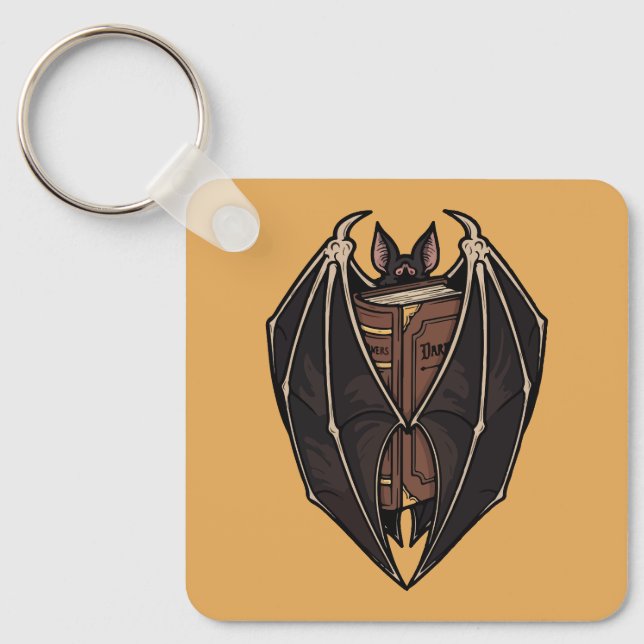 Gothic Bat Reading Dark Spell Book Key Ring (Front)
