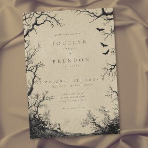 Gothic Bat Tree Engraving Black Tan Wedding Invitation