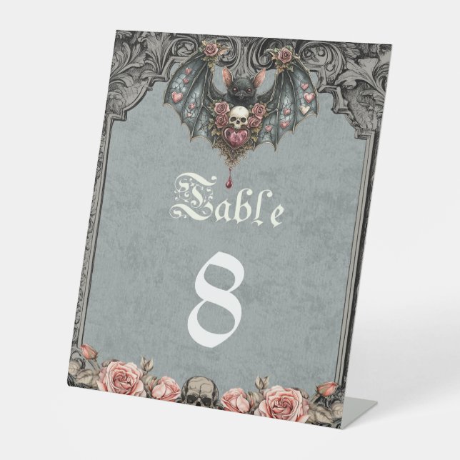 Gothic Bat Wedding Table Number Pedestal Sign (Front)