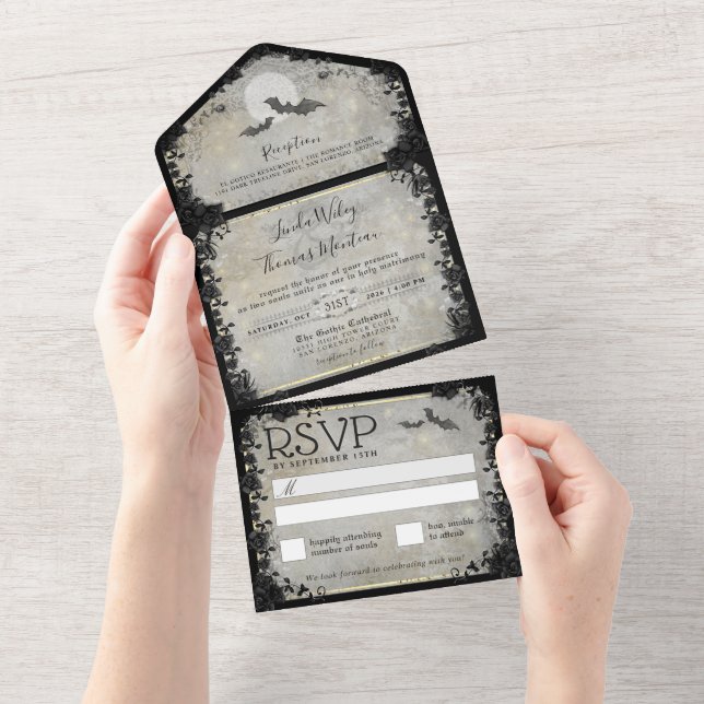 Gothic Bats Grey Elegant Halloween Wedding All In One Invitation (Tearaway)