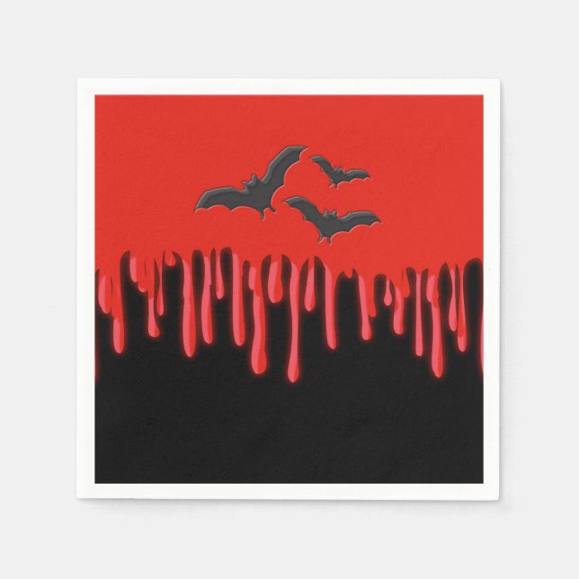 Gothic Bats & Red Dripping Blood Halloween Party Napkin (Front)