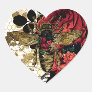Gothic Bee & Roses Heart Sticker