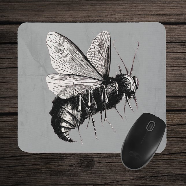 Gothic Bee Skull Wings Mouse Mat (Scary creepy black white bee illustration skull crossbones wings on grey mousepad.)