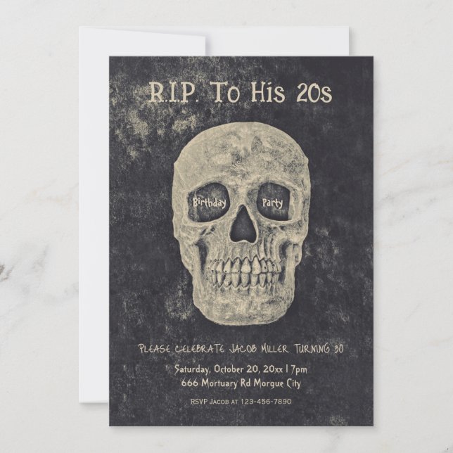 Gothic Beige Grey Skull Birthday RIP To His 20s Invitation (Front)