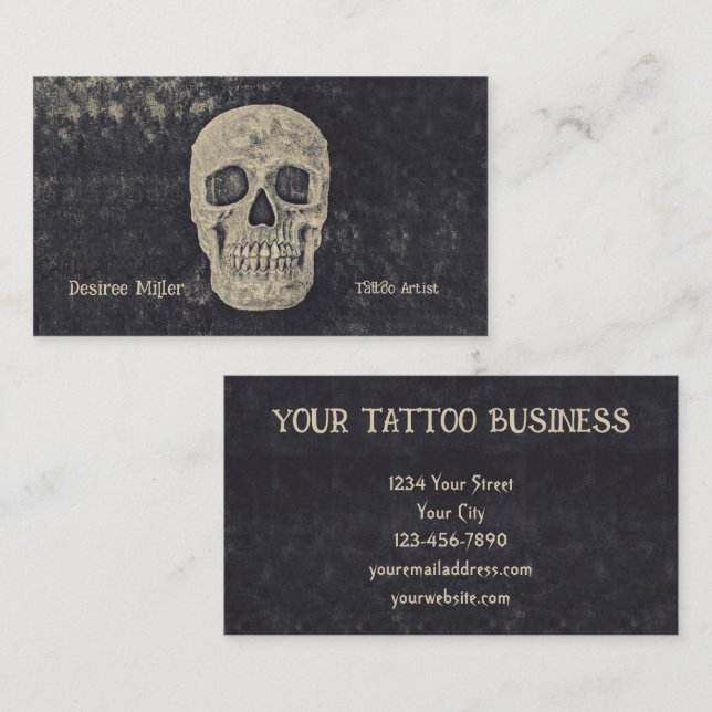 Gothic Beige Grey Skull Tattoo Shop Business Card (Front/Back)